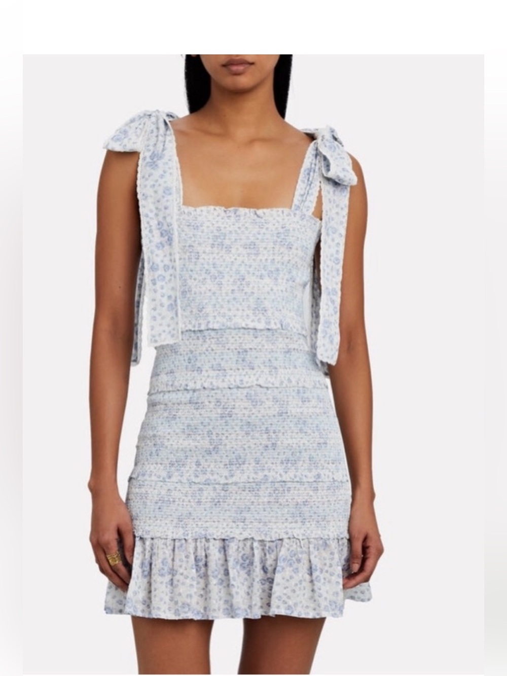 LoveShackFancy Pastel Periwinkle Blue and Cream Smocked Mini Dress